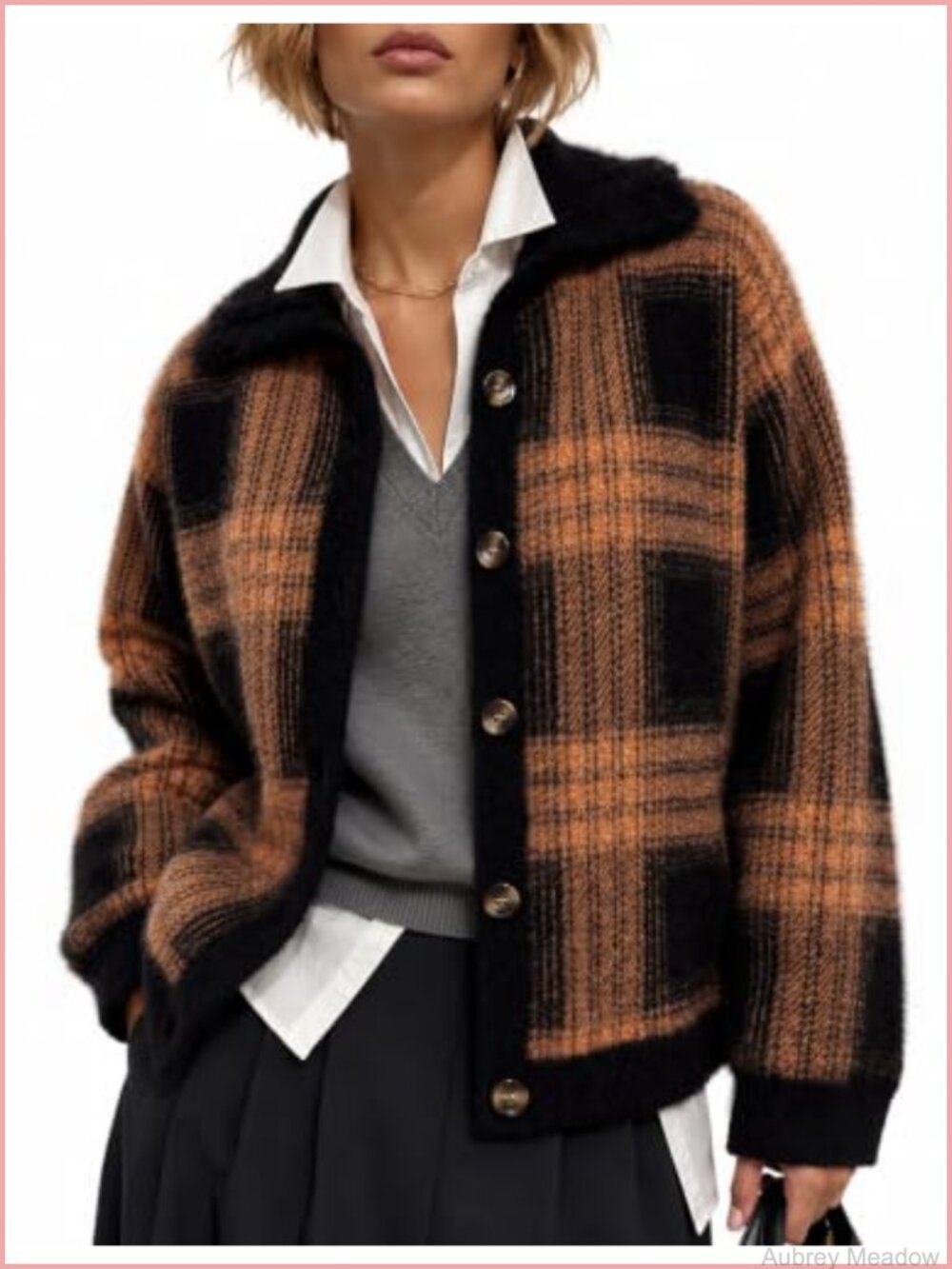 Womens Plaid Chunky Knit Sweater Jacket Fuzzy Nylon Funnel Neck Button Cardigan